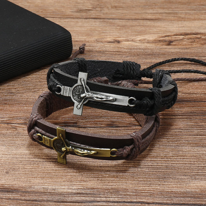 Classic Style Brown or Black Leather Adjustable Bracelet with Crucifix