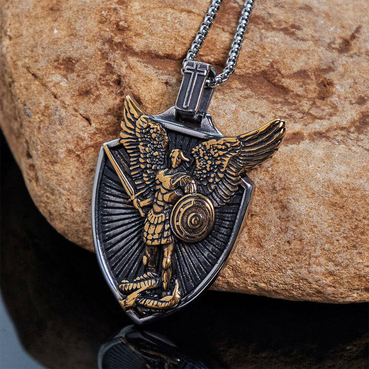 Vintage Shield St. Michael the Archangel Stainless Steel Pendant Necklace