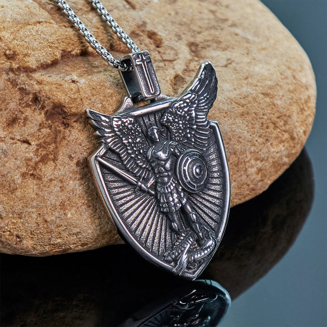 Vintage Shield St. Michael the Archangel Stainless Steel Pendant Necklace
