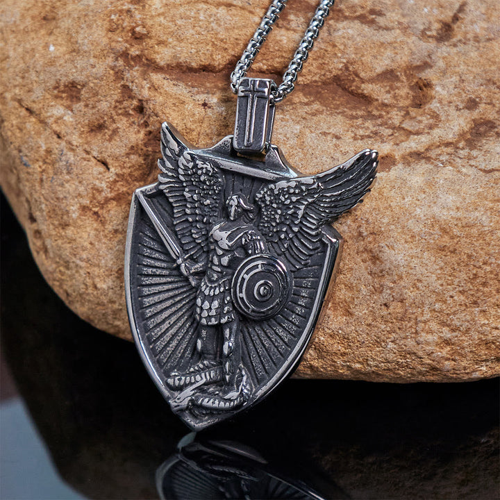 Vintage Shield St. Michael the Archangel Stainless Steel Pendant Necklace