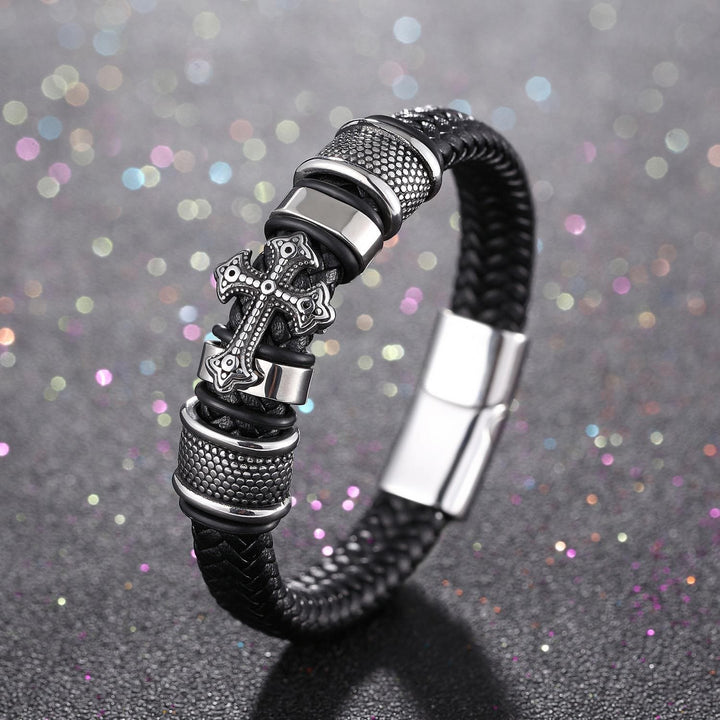 Classic Two-Tone Holy Cross Leather Bracelet with Braided Design