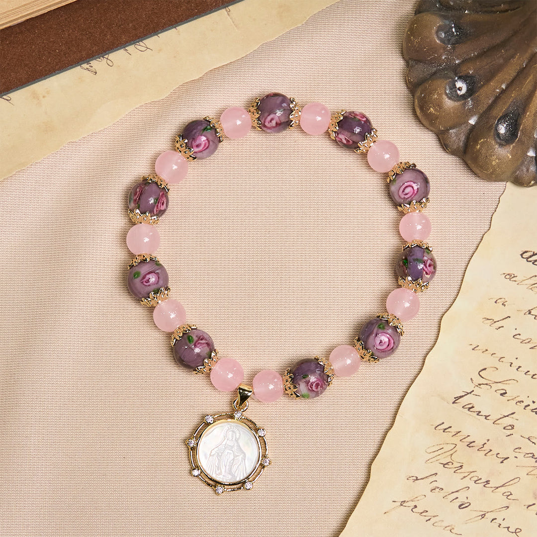 Handmade Rose Quartz Faith Crystal Bracelet with Narce Cameo of Virgin Mary