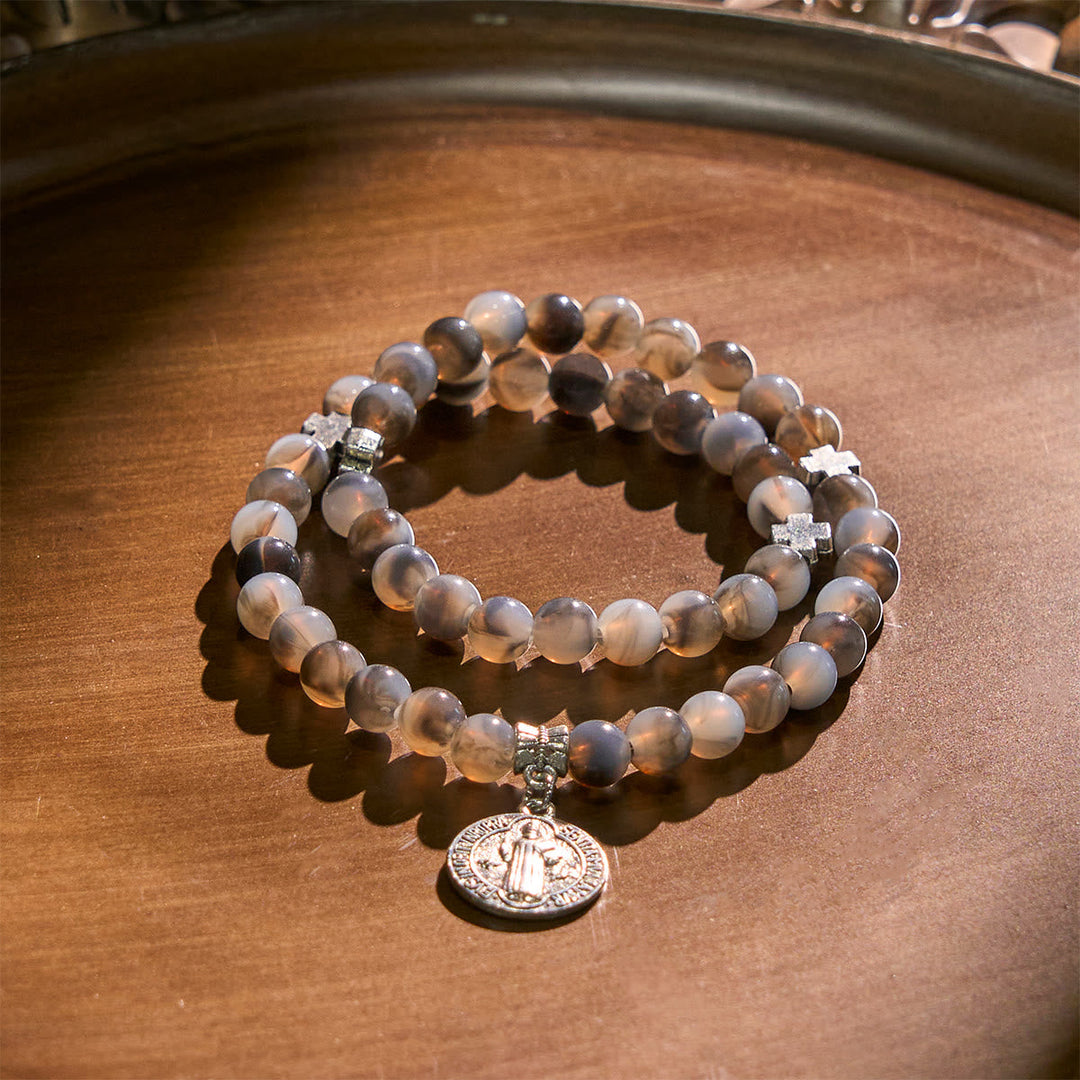 Gray Black Gradient Beads Bracelet Rosary with St. Benedict: Shield of Faith