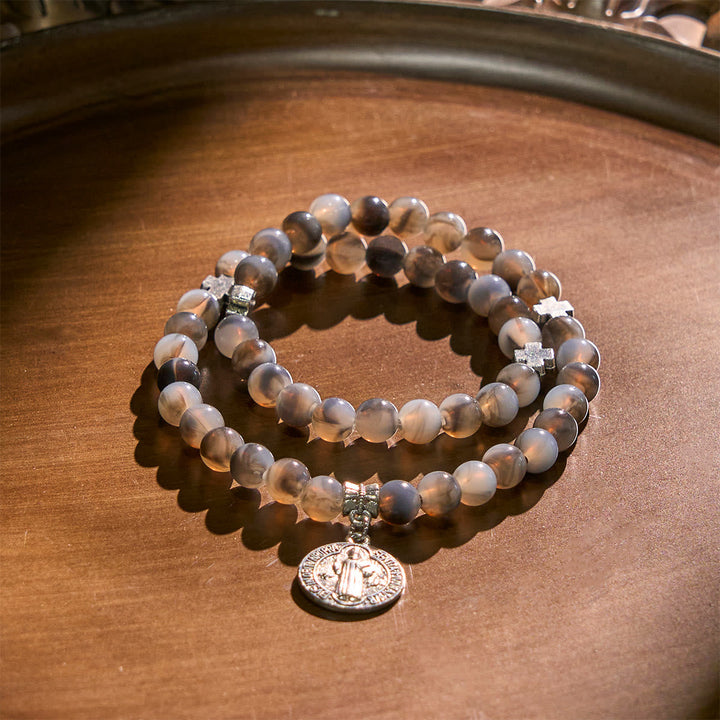 Gray Black Gradient Beads Bracelet Rosary with St. Benedict: Shield of Faith