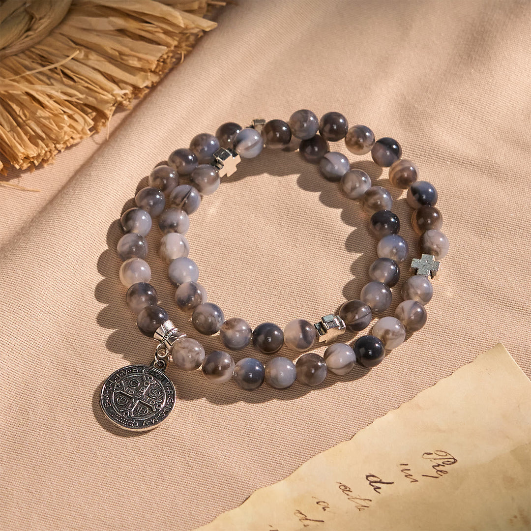 Gray Black Gradient Beads Bracelet Rosary with St. Benedict: Shield of Faith