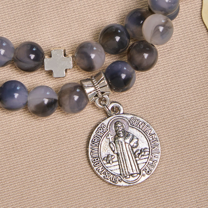 Gray Black Gradient Beads Bracelet Rosary with St. Benedict: Shield of Faith