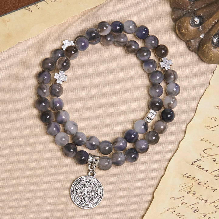 Gray Black Gradient Beads Bracelet Rosary with St. Benedict: Shield of Faith