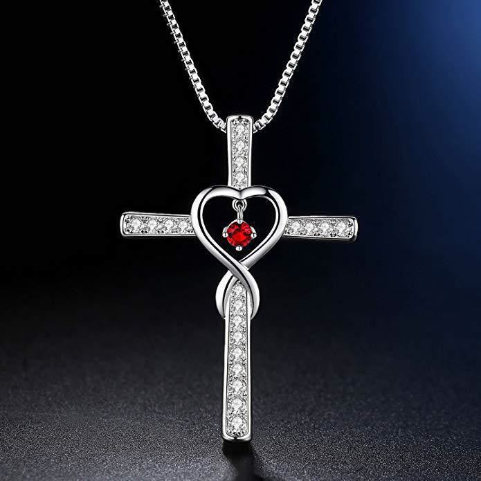 12-Month Birthstone Cross Necklace with Heart Design and Sparkling Accents