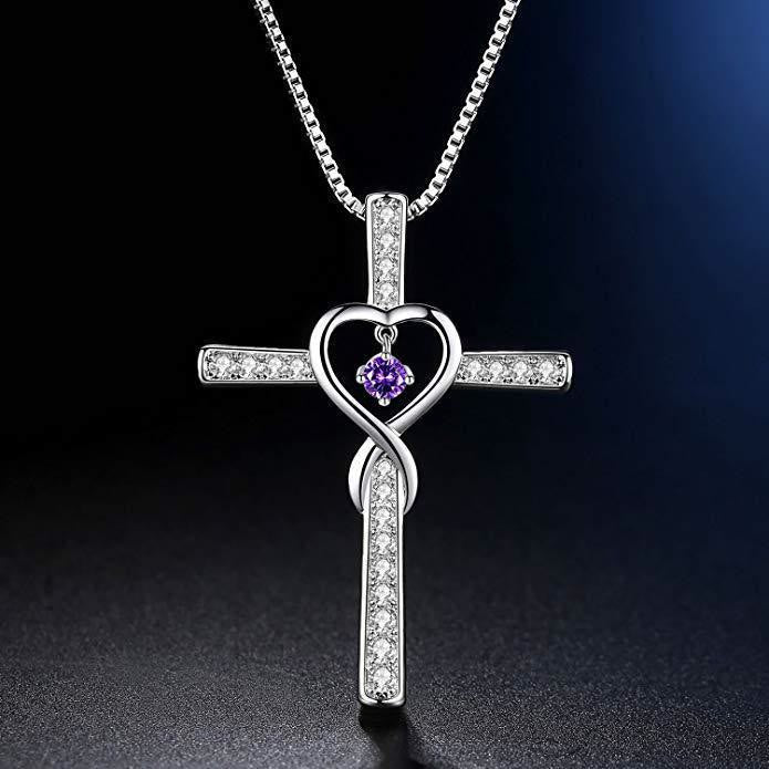 12-Month Birthstone Cross Necklace with Heart Design and Sparkling Accents