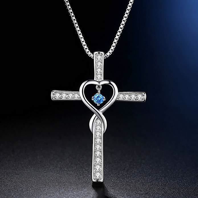 12-Month Birthstone Cross Necklace with Heart Design and Sparkling Accents