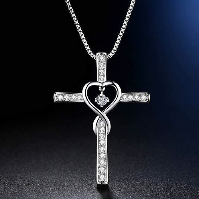 12-Month Birthstone Cross Necklace with Heart Design and Sparkling Accents