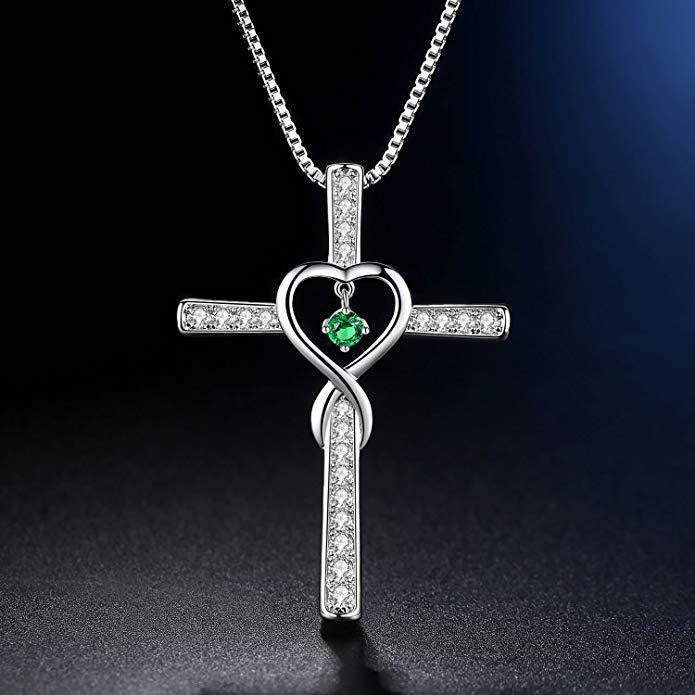 12-Month Birthstone Cross Necklace with Heart Design and Sparkling Accents