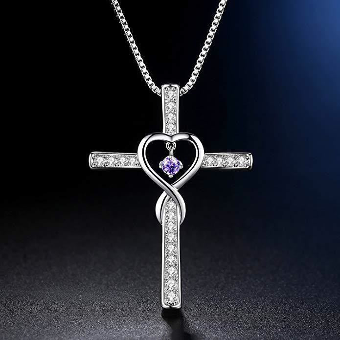 12-Month Birthstone Cross Necklace with Heart Design and Sparkling Accents