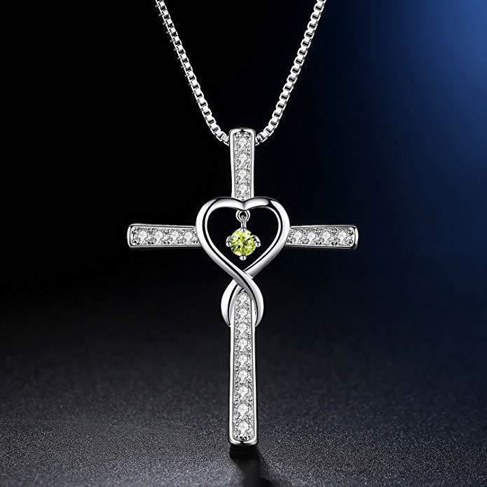 12-Month Birthstone Cross Necklace with Heart Design and Sparkling Accents
