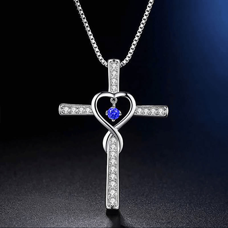 12-Month Birthstone Cross Necklace with Heart Design and Sparkling Accents