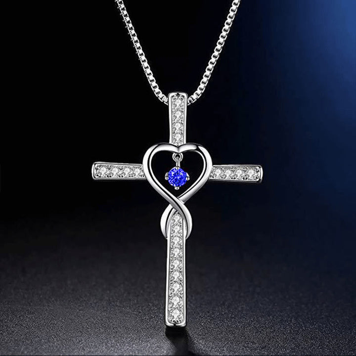 12-Month Birthstone Cross Necklace with Heart Design and Sparkling Accents