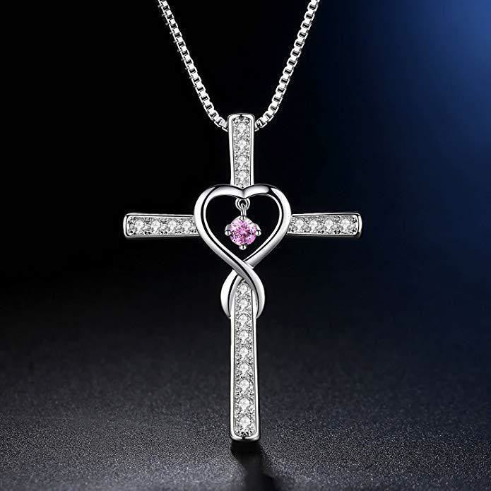 12-Month Birthstone Cross Necklace with Heart Design and Sparkling Accents