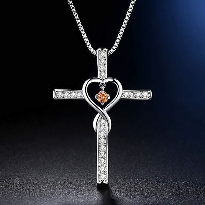 12-Month Birthstone Cross Necklace with Heart Design and Sparkling Accents