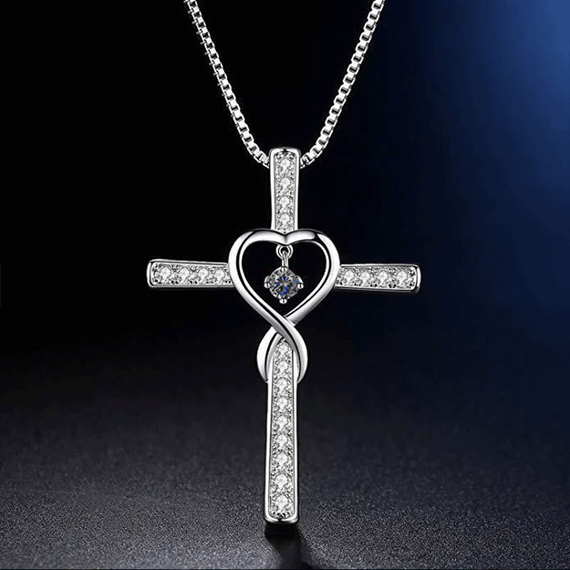 12-Month Birthstone Cross Necklace with Heart Design and Sparkling Accents
