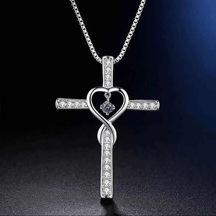 12-Month Birthstone Cross Necklace with Heart Design and Sparkling Accents