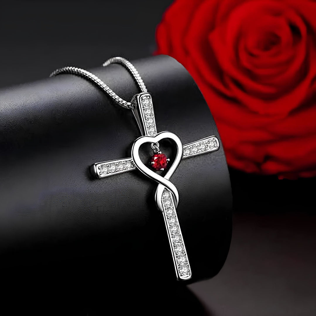 12-Month Birthstone Cross Necklace with Heart Design and Sparkling Accents
