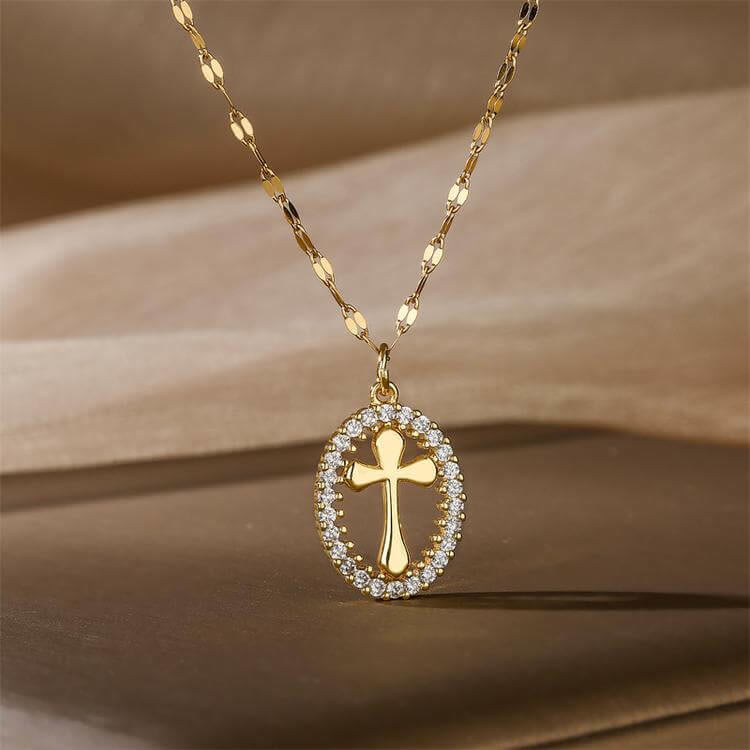 Elegant Oval Cross Necklace with Crystal Halo: A Precious Gift of Faith