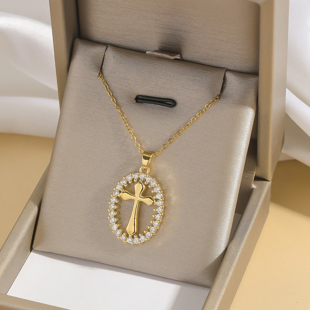 Elegant Oval Cross Necklace with Crystal Halo: A Precious Gift of Faith