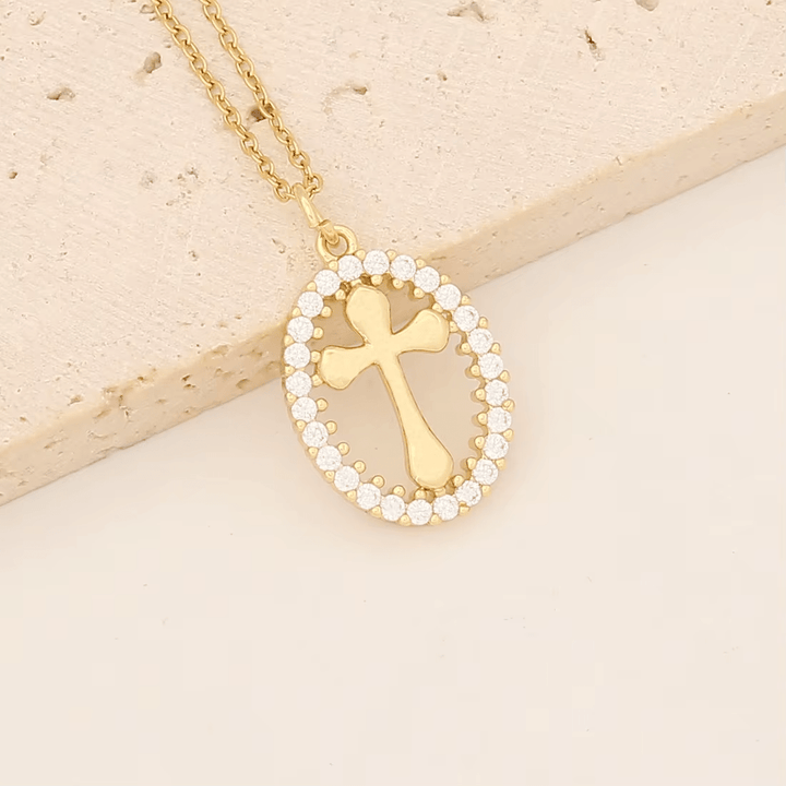 Elegant Oval Cross Necklace with Crystal Halo: A Precious Gift of Faith