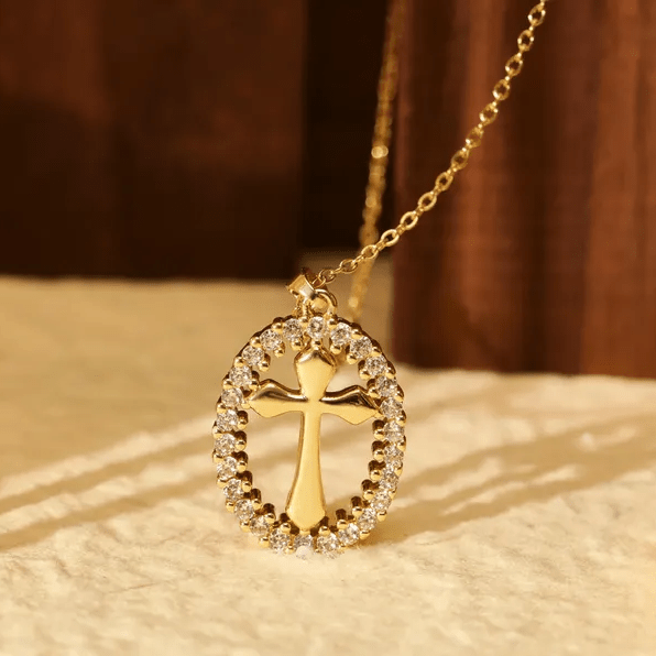 Elegant Oval Cross Necklace with Crystal Halo: A Precious Gift of Faith