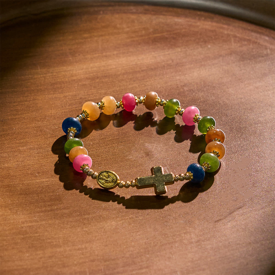 Tourmaline Abacus Beads Bracelet Featuring Cross and Miraculous Medal