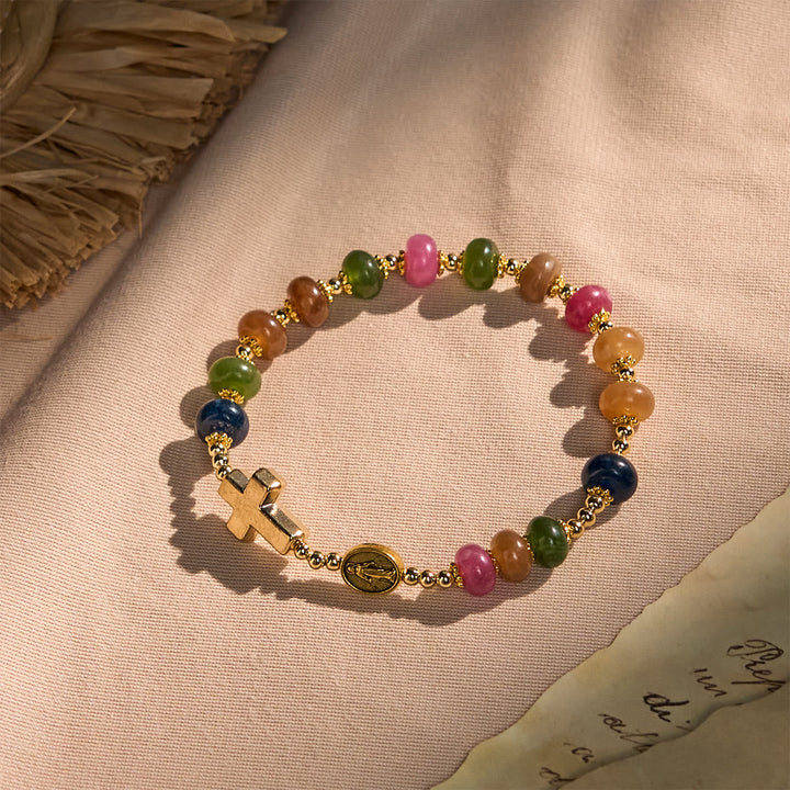 Tourmaline Abacus Beads Bracelet Featuring Cross and Miraculous Medal