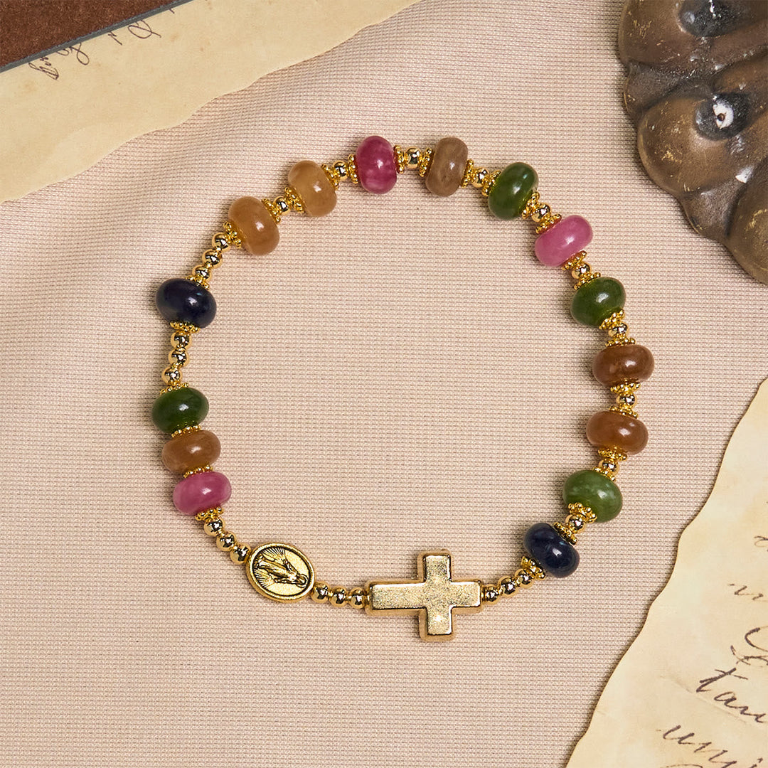 Tourmaline Abacus Beads Bracelet Featuring Cross and Miraculous Medal
