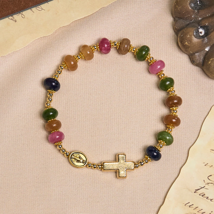 Tourmaline Abacus Beads Bracelet Featuring Cross and Miraculous Medal