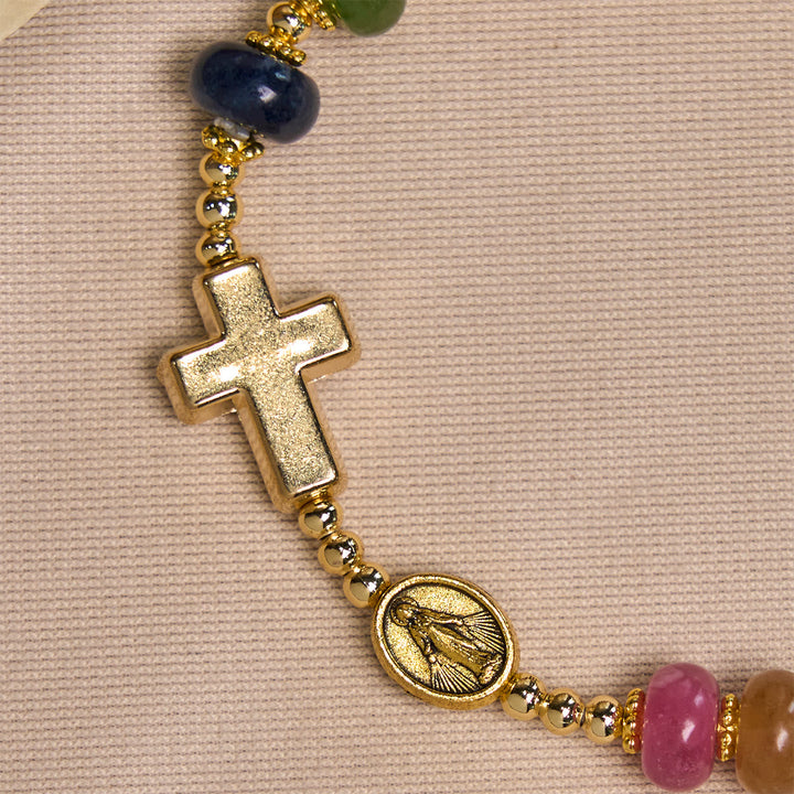 Tourmaline Abacus Beads Bracelet Featuring Cross and Miraculous Medal
