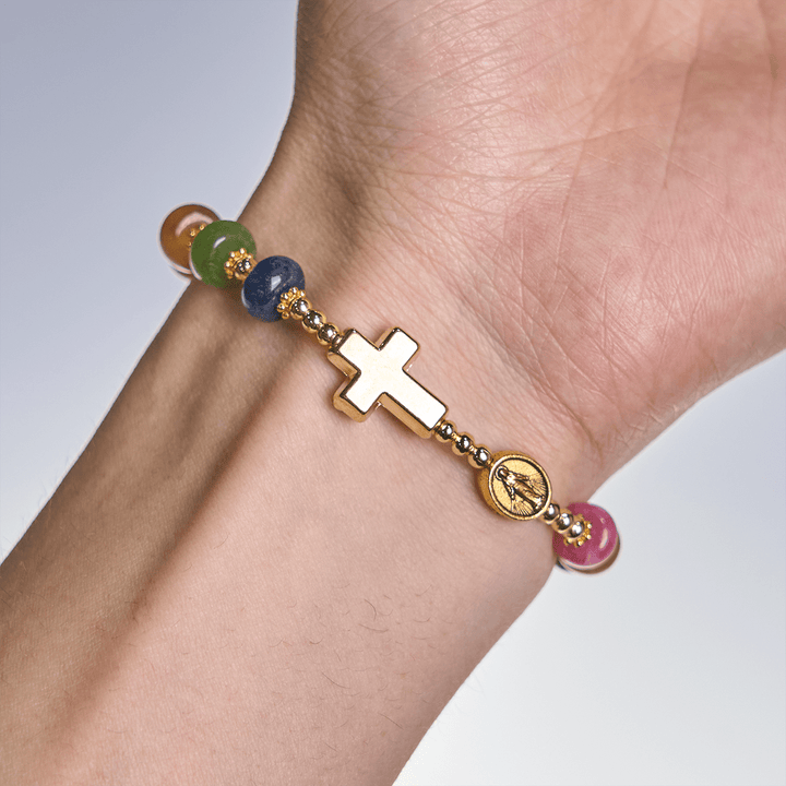 Tourmaline Abacus Beads Bracelet Featuring Cross and Miraculous Medal