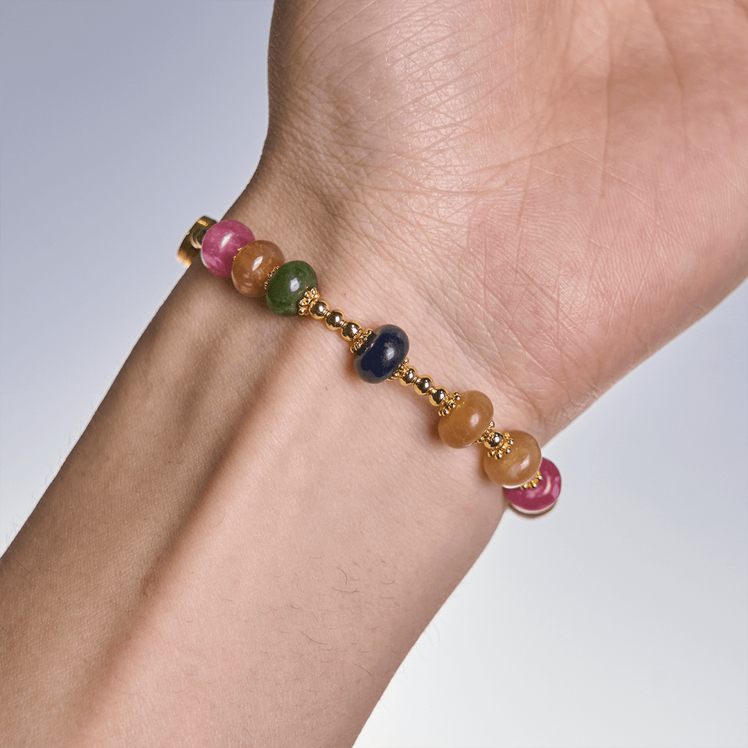 Tourmaline Abacus Beads Bracelet Featuring Cross and Miraculous Medal