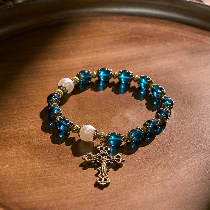 Spiritual Blue Gloss Bead Bracelets Featuring Sacred Brass Crucifix
