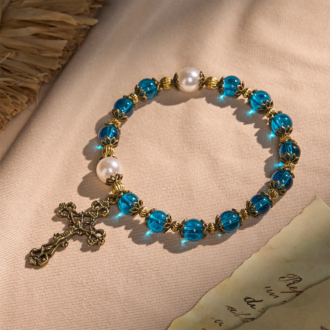 Spiritual Blue Gloss Bead Bracelets Featuring Sacred Brass Crucifix