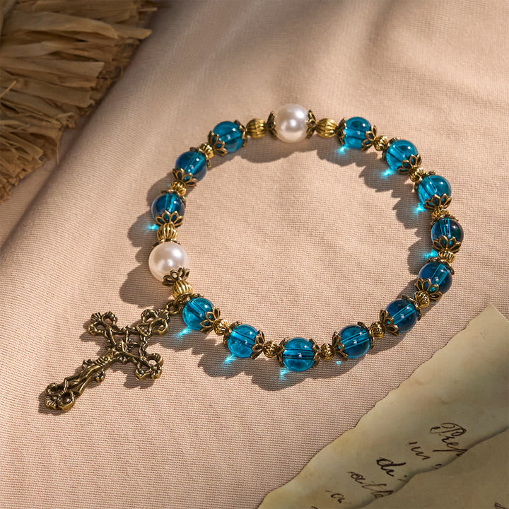 Spiritual Blue Gloss Bead Bracelets Featuring Sacred Brass Crucifix