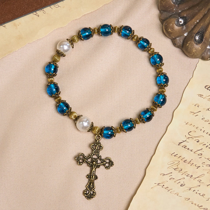 Spiritual Blue Gloss Bead Bracelets Featuring Sacred Brass Crucifix