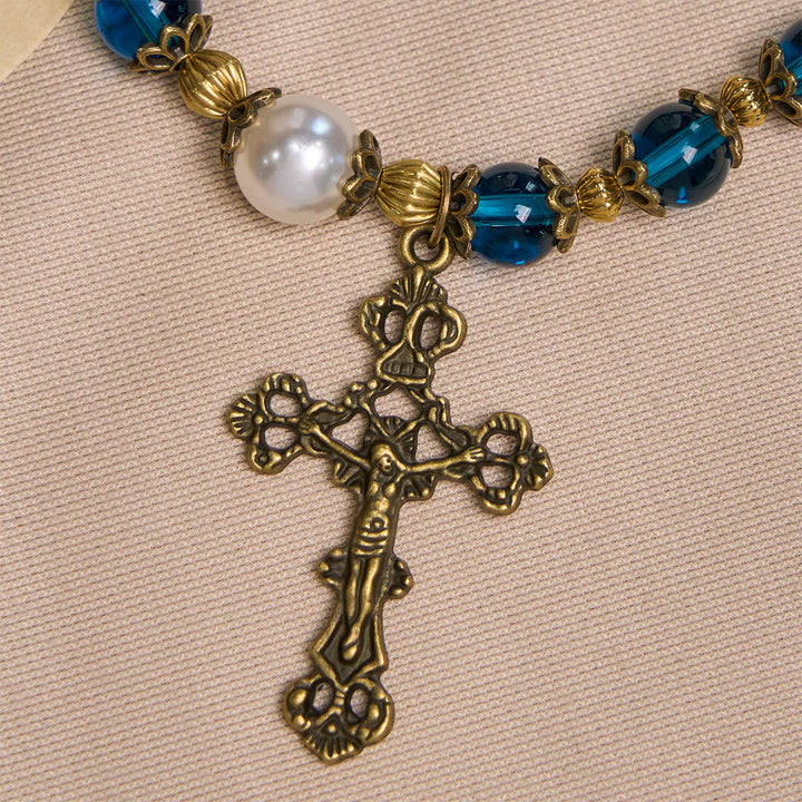 Spiritual Blue Gloss Bead Bracelets Featuring Sacred Brass Crucifix