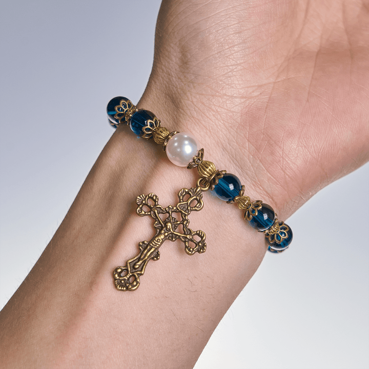 Spiritual Blue Gloss Bead Bracelets Featuring Sacred Brass Crucifix