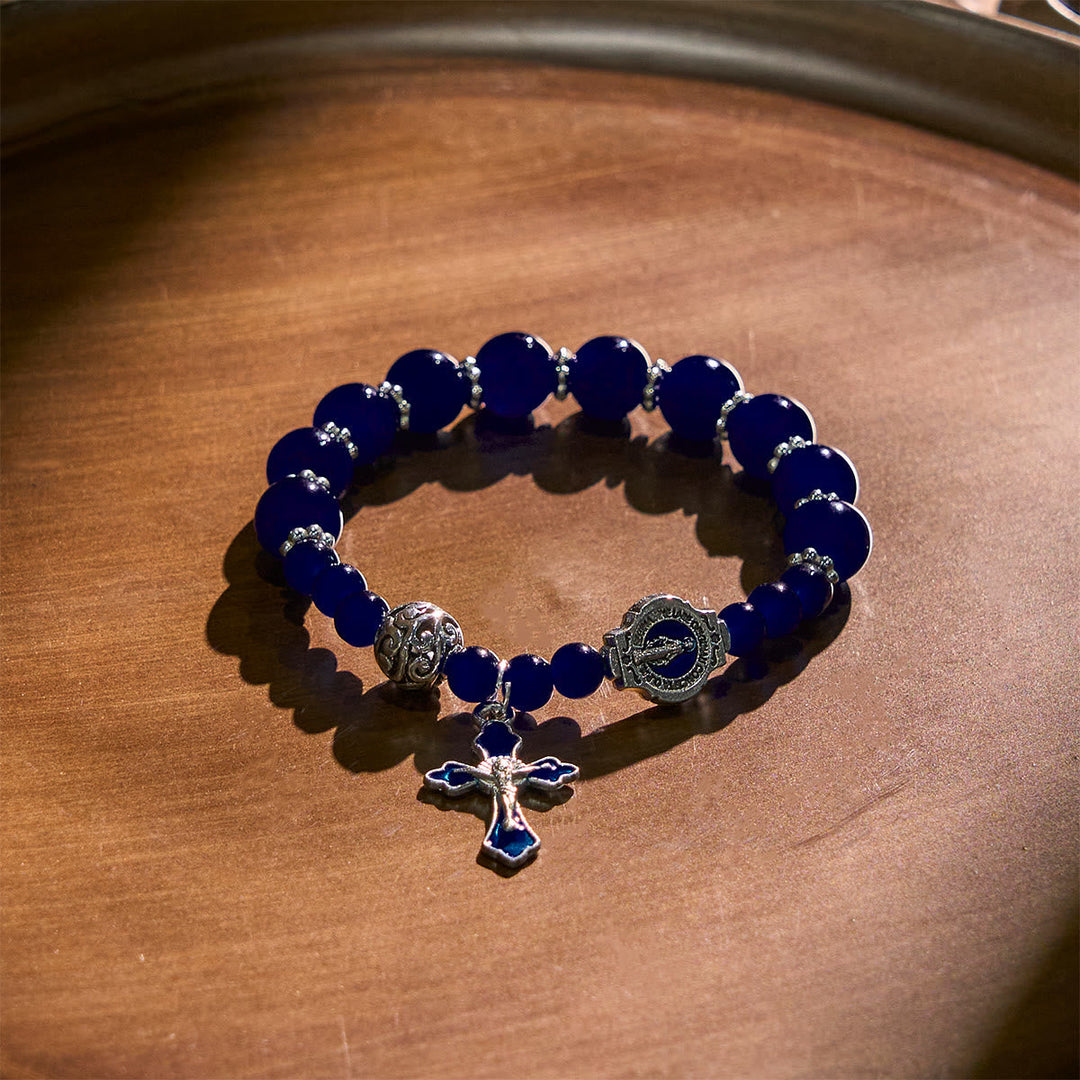 Elegant Deep Blue Beaded Bracelets with Crucifix and Miraculous Medal