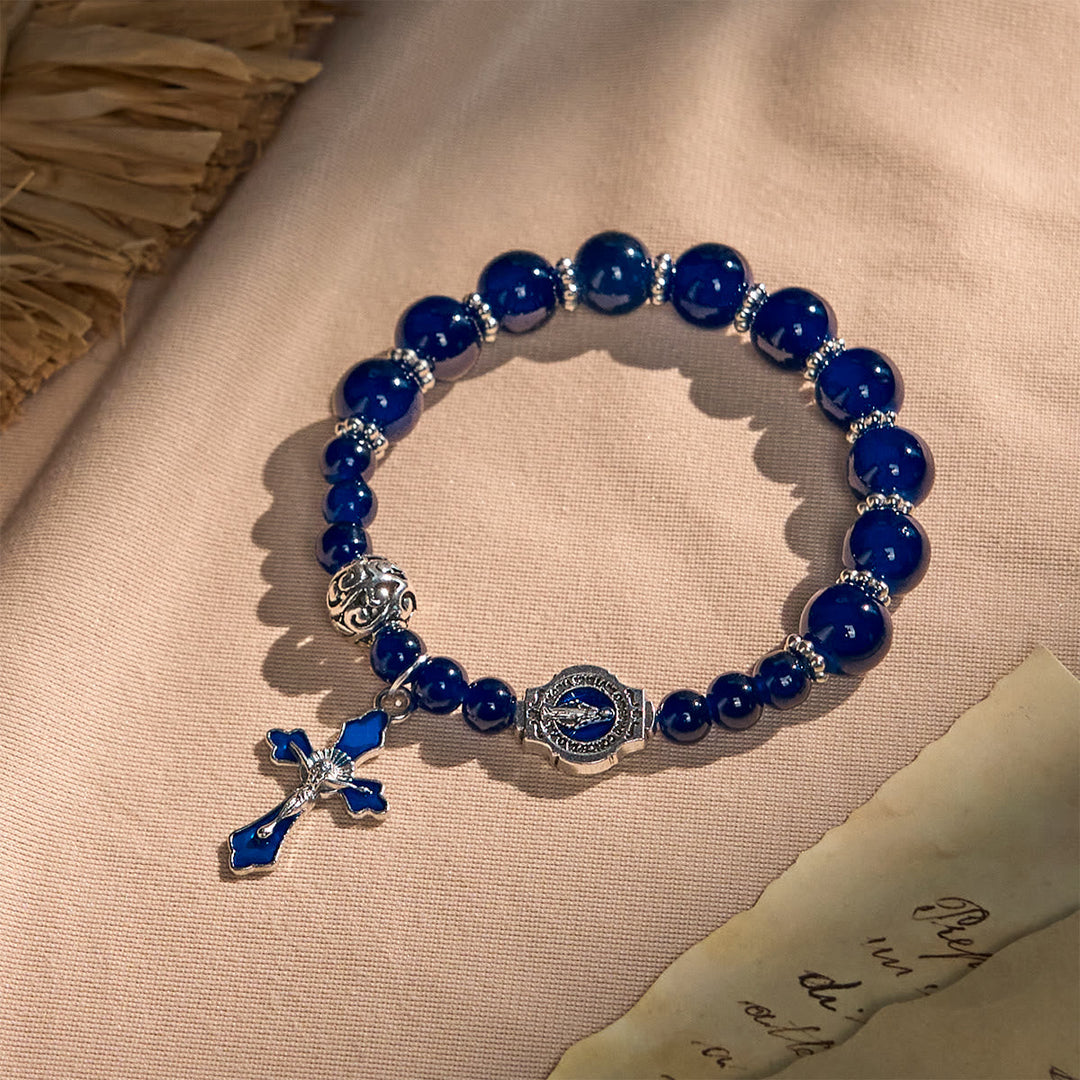 Elegant Deep Blue Beaded Bracelets with Crucifix and Miraculous Medal