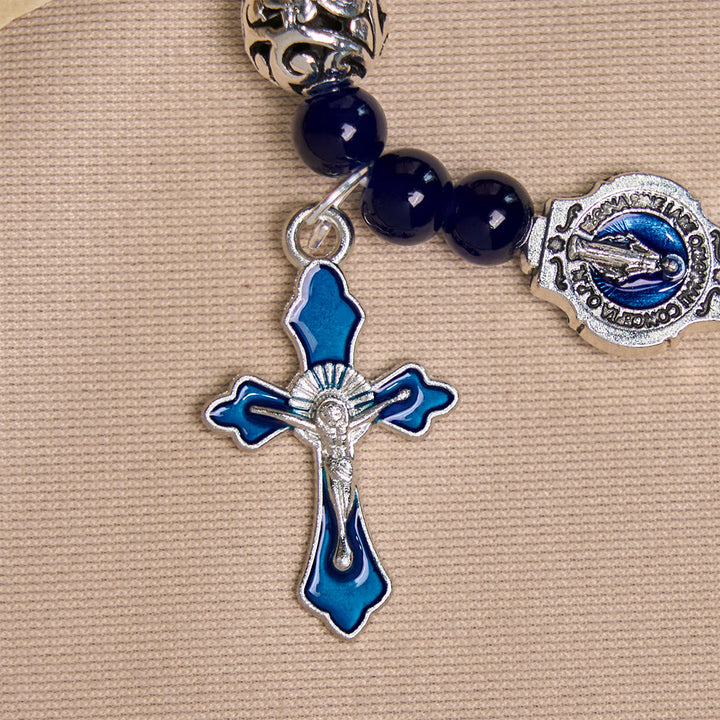 Elegant Deep Blue Beaded Bracelets with Crucifix and Miraculous Medal
