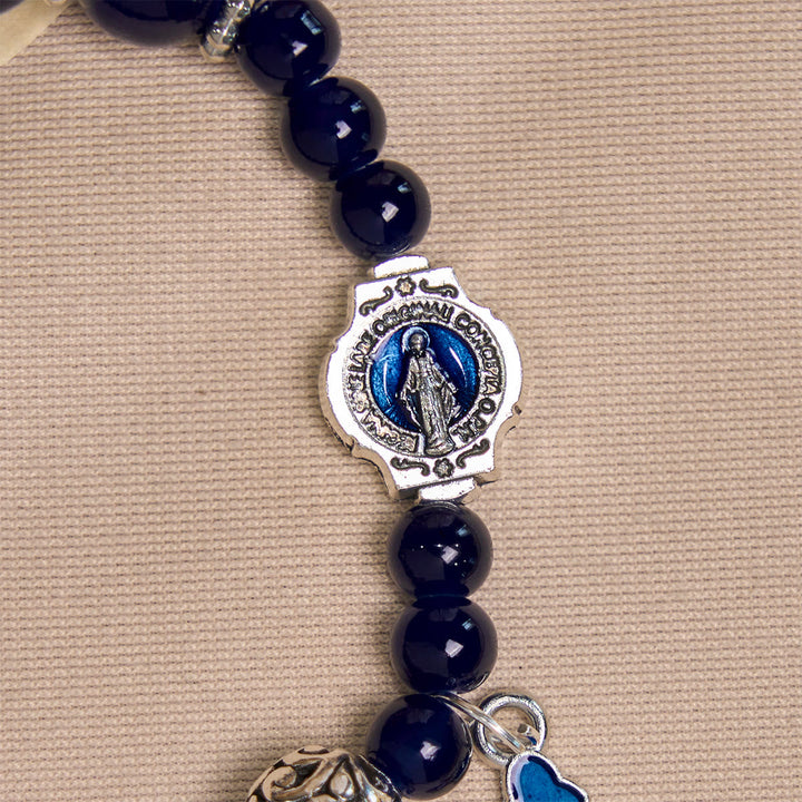 Elegant Deep Blue Beaded Bracelets with Crucifix and Miraculous Medal