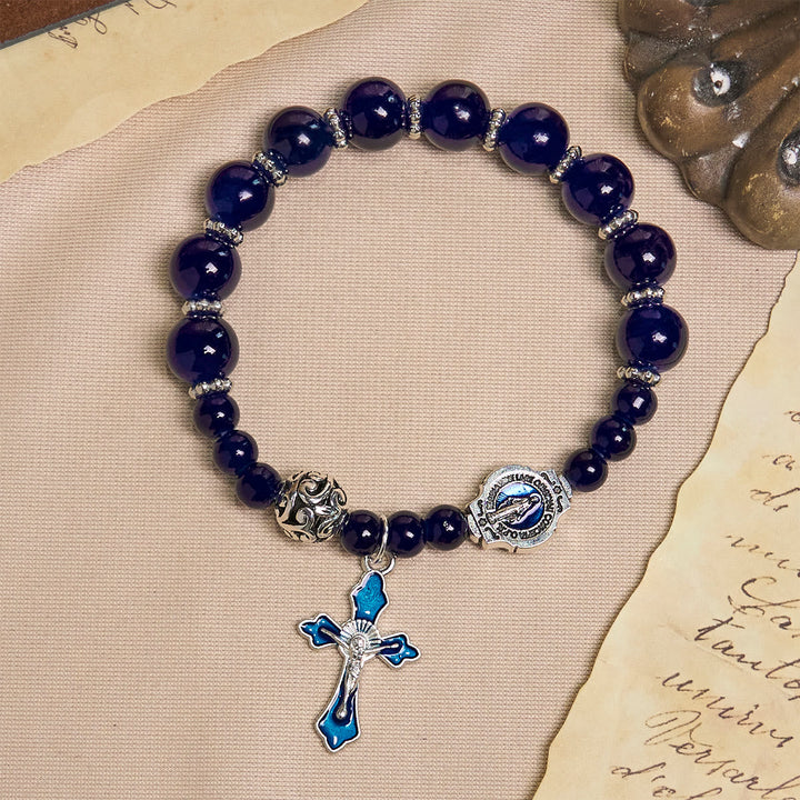 Elegant Deep Blue Beaded Bracelets with Crucifix and Miraculous Medal