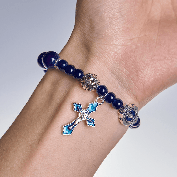 Elegant Deep Blue Beaded Bracelets with Crucifix and Miraculous Medal