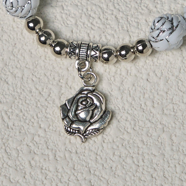 Delicate White Rose Devotional Beads Rosary and Bracelets with Virgin Mary