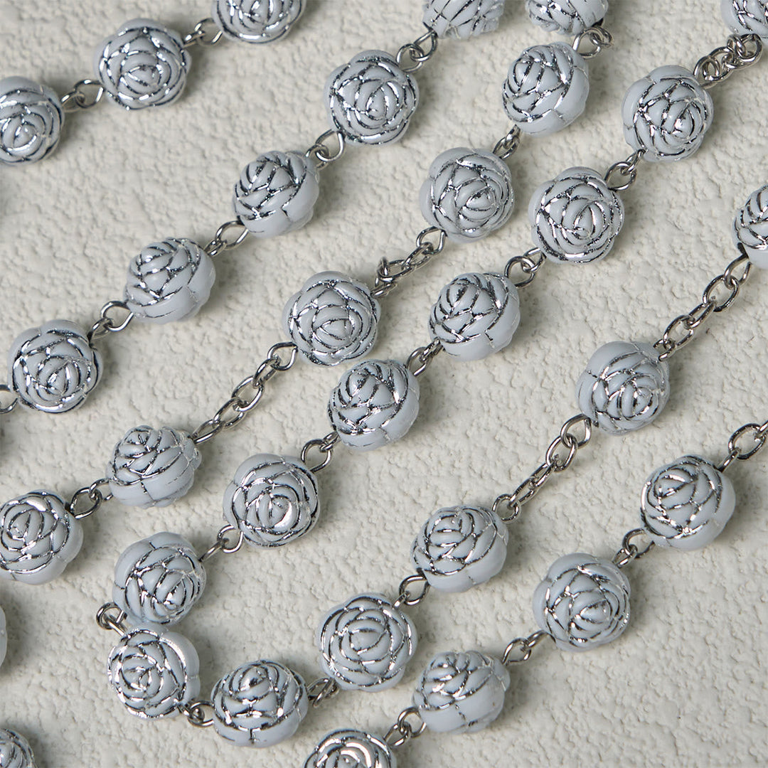 Delicate White Rose Devotional Beads Rosary and Bracelets with Virgin Mary
